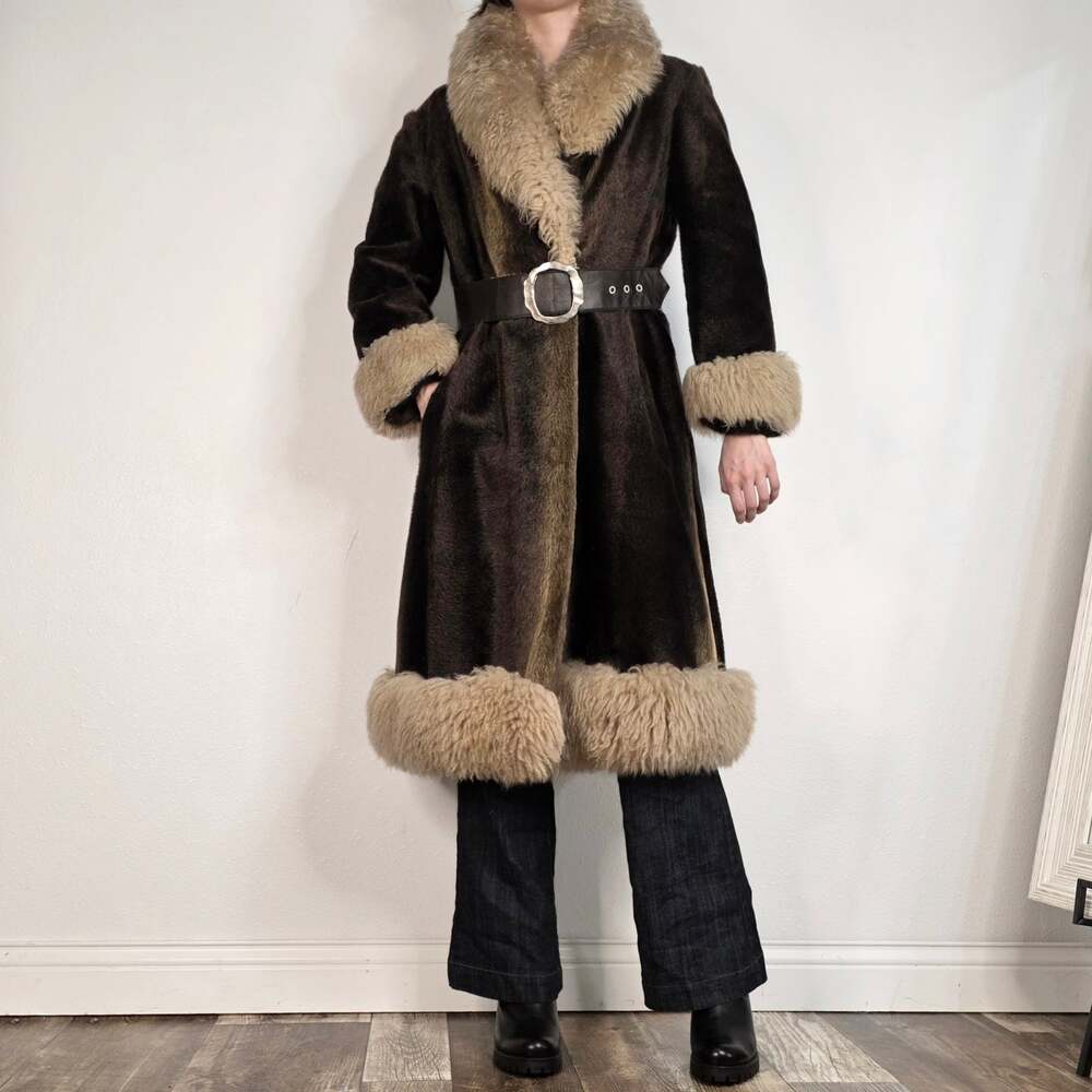 Vintage 1970s Penny Lane Long Brown Faux Fur Coat Fits Like a Small Boho 70s